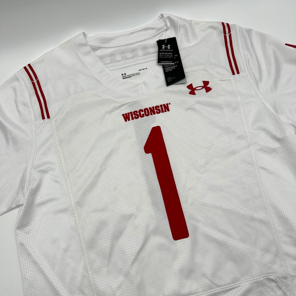 Under Armour Wisconsin Badgers #1 Football Jersey Men Large White UM8049WTBO NWT